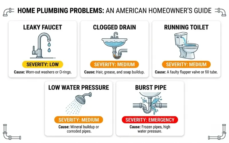 five most common plumbing problems leaky faucet clogged drain running toilet low water pressure burst pipe infographic 