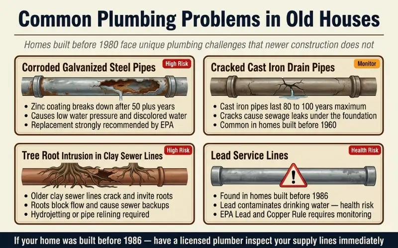 common plumbing problems in old houses corroded galvanized pipes cracked cast iron tree root intrusion lead service lines 