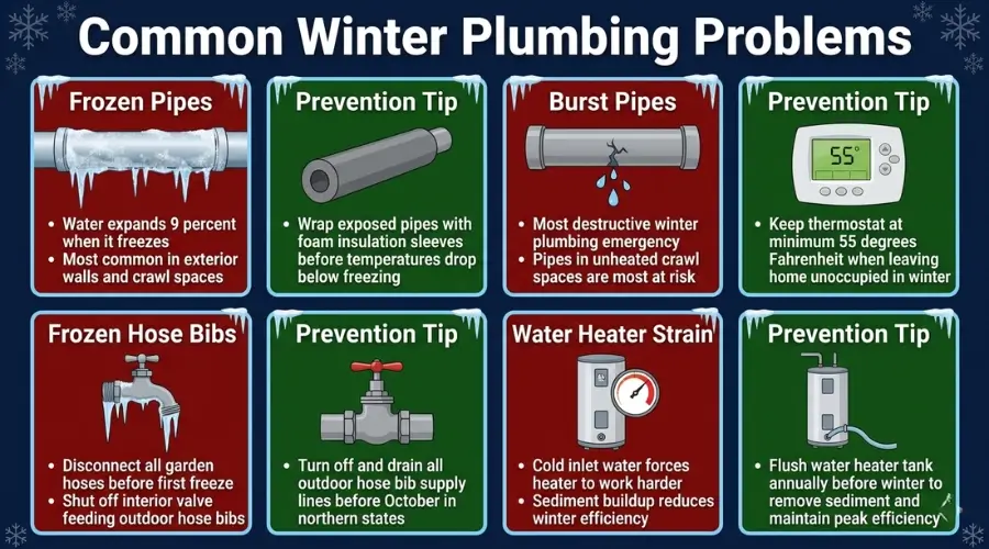 common winter plumbing problems frozen pipes burst pipes frozen hose bibs water heater strain prevention tips 
