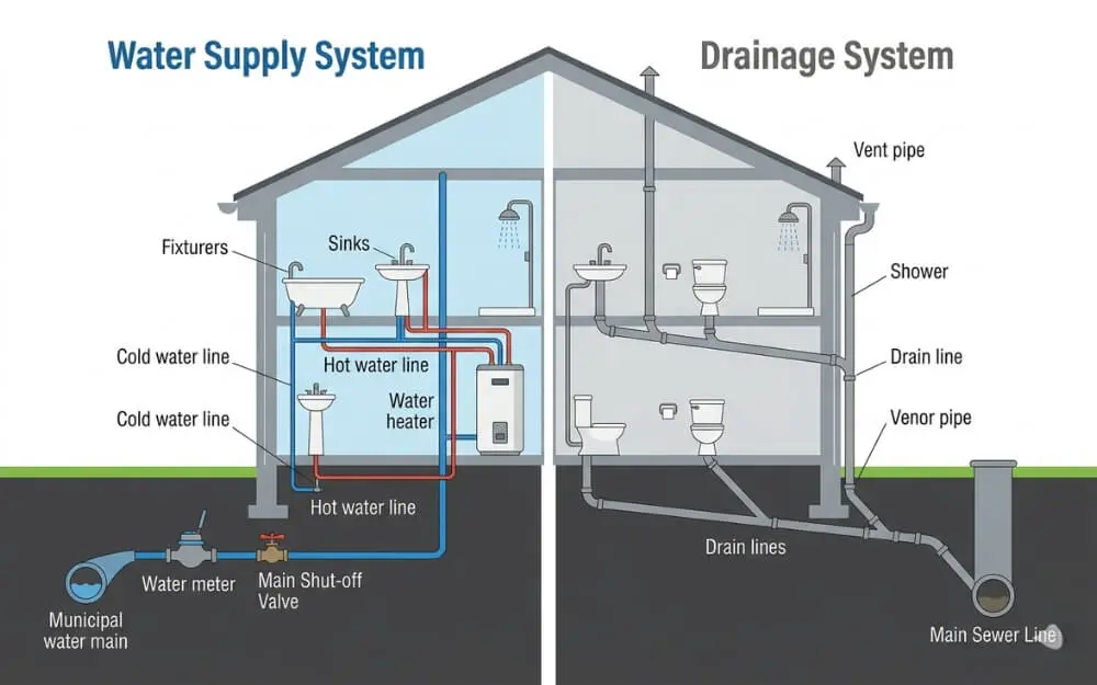 how the plumbing system works showing water supply system and drainage system diagram