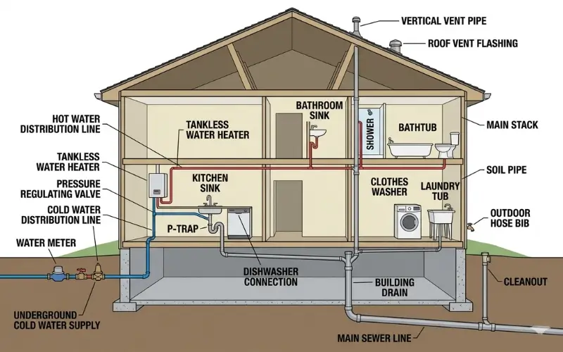 main plumbing components diagram showing water meter pressure regulating valve tankless water heater P trap vent pipe and main sewer line 