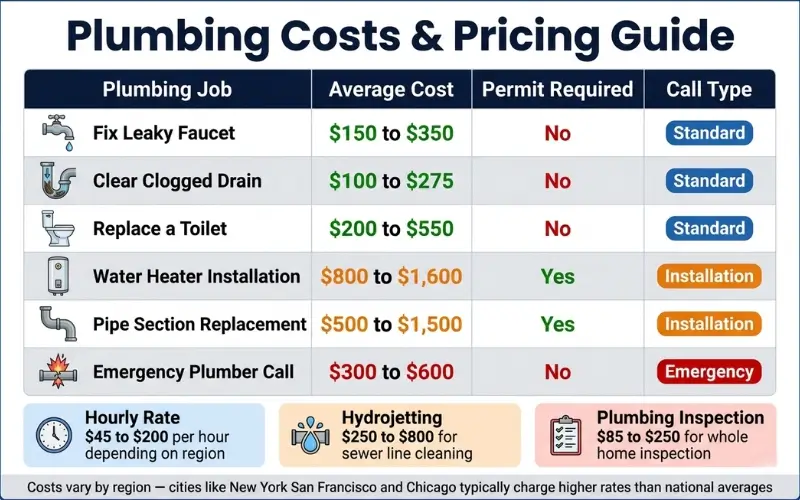 plumbing costs pricing guide fix leaky faucet drain clearing toilet water heater installation emergency plumber average costs 