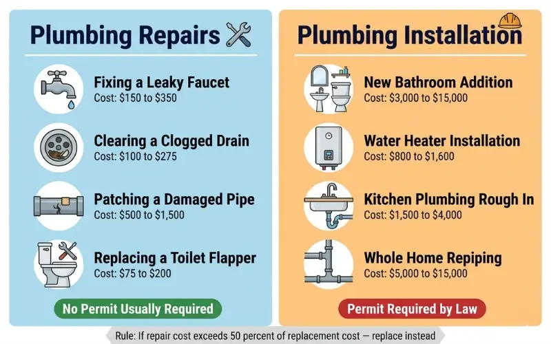plumbing repair vs installation comparison showing costs permit requirements leaky faucet clogged drain water heater whole home repiping 