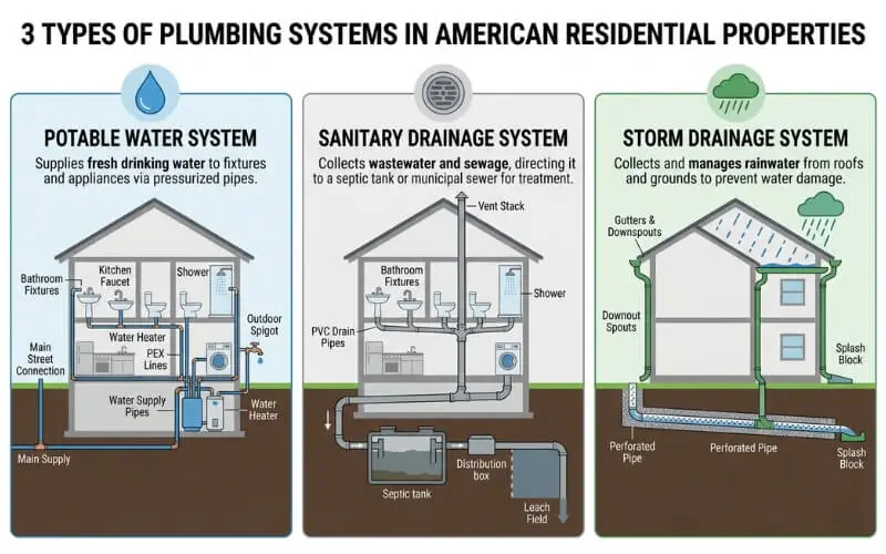three types of plumbing systems potable water sanitary drainage and storm drainage diagram