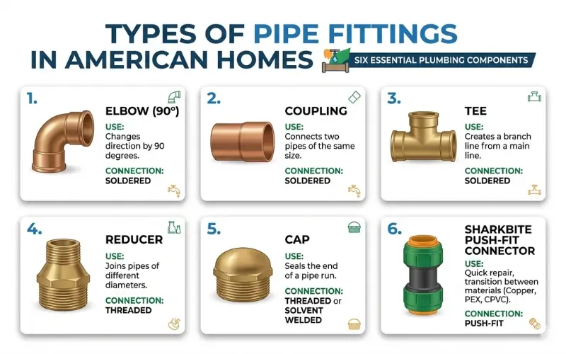 types of plumbing pipe fittings elbow coupling tee reducer cap SharkBite push fit connector