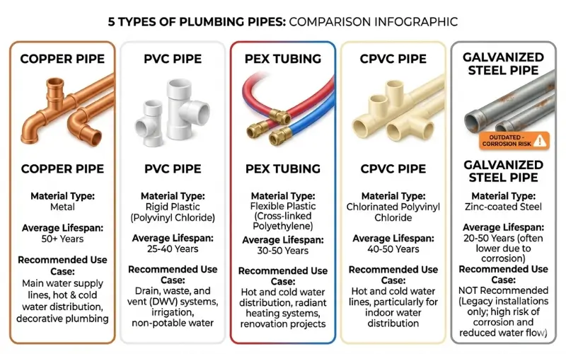five types of plumbing pipes copper PVC PEX CPVC galvanized steel comparison infographic