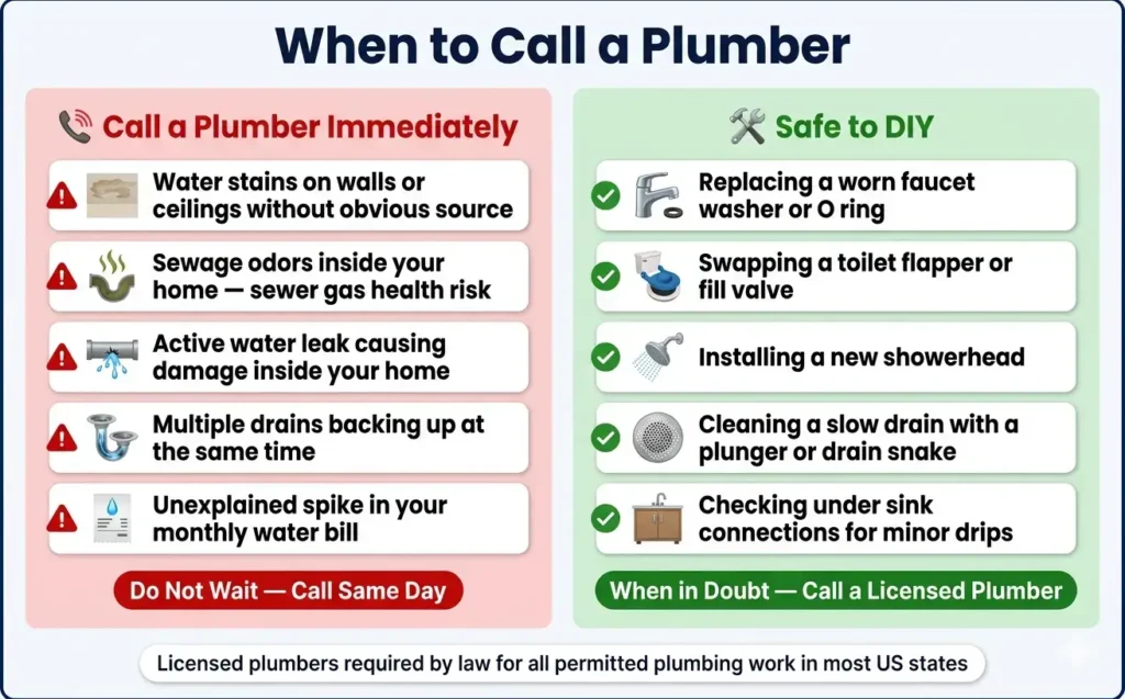 when to call a plumber warning signs versus safe DIY plumbing tasks guide for American homeowners 