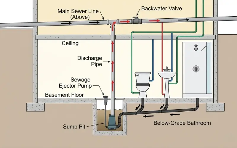 Basement bathroom plumbing with sewage ejector pump installation