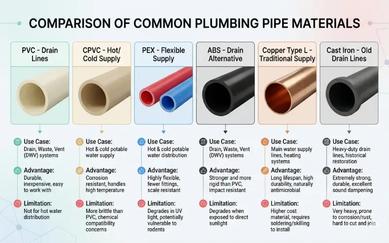 Bathroom plumbing pipe materials PVC CPVC and PEX comparison