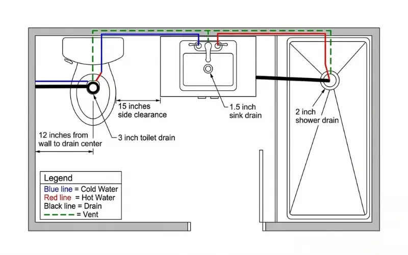 Bathroom plumbing rough-in diagram with measurements and dimensions