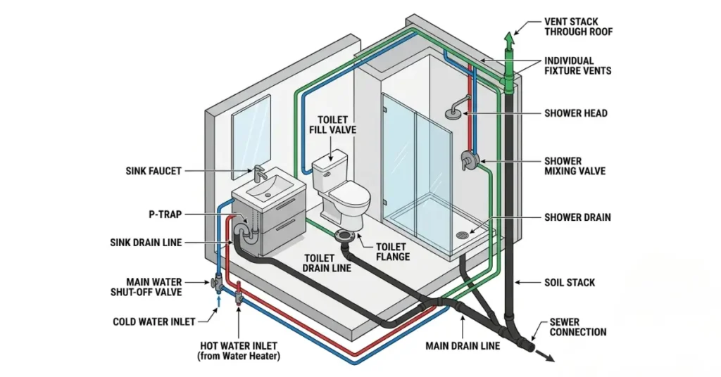 Bathroom plumbing system diagram showing supply drain and vent lines