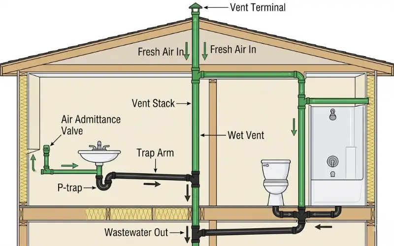 Bathroom plumbing vent pipe diagram showing wet venting configuration