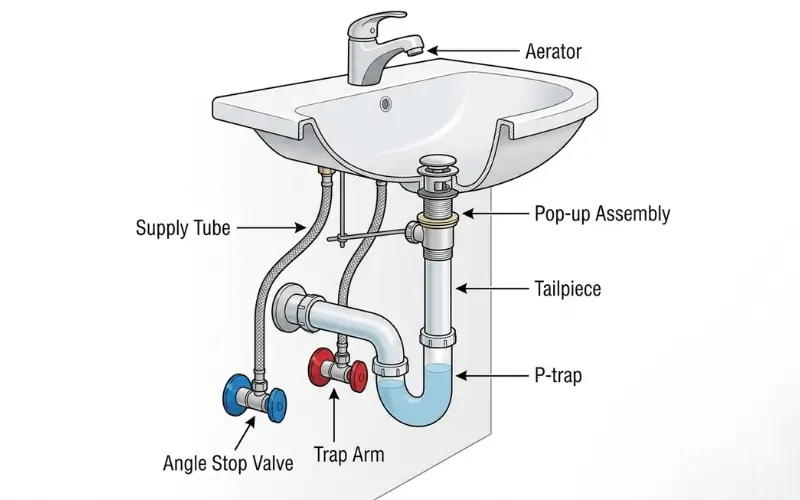 Bathroom sink plumbing components including P-trap and supply lines