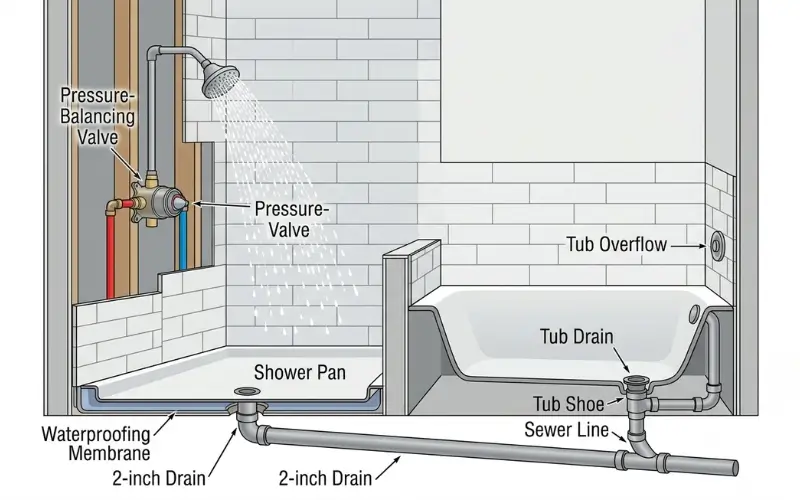 Shower and tub plumbing diagram showing valve and drain assembly