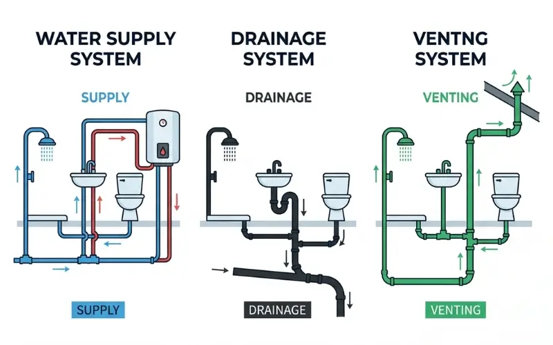 Three-part bathroom plumbing system with water supply drainage and venting