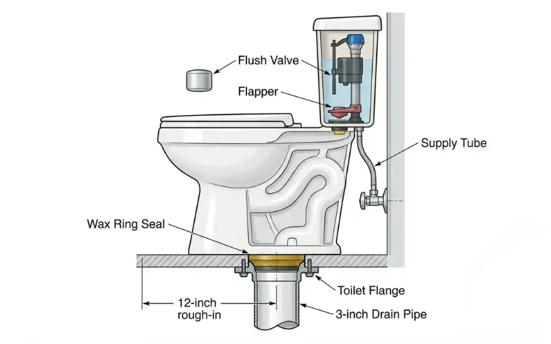 Toilet plumbing installation showing flange wax ring and supply line