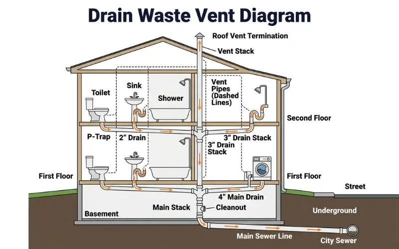 drain waste vent diagram showing P traps drain pipes main drain stack vent stack roof vent cleanout access and main sewer line connection for American home plumbing 
