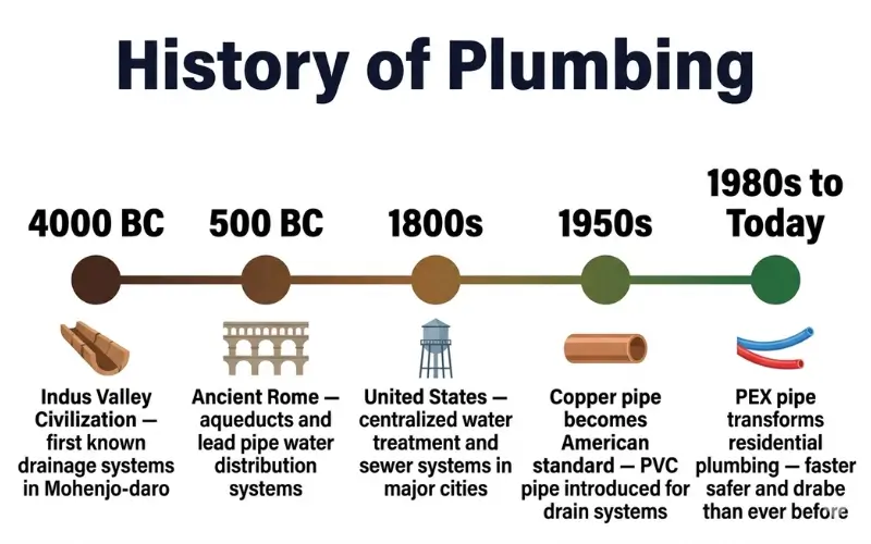 history of plumbing timeline from Indus Valley 4000 BC through ancient Rome 1800s American cities 1950s copper pipe to modern PEX pipe 