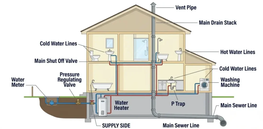 house plumbing system diagram showing water meter shut off valve pressure regulating valve water heater cold hot water lines P trap drain stack sewer line
