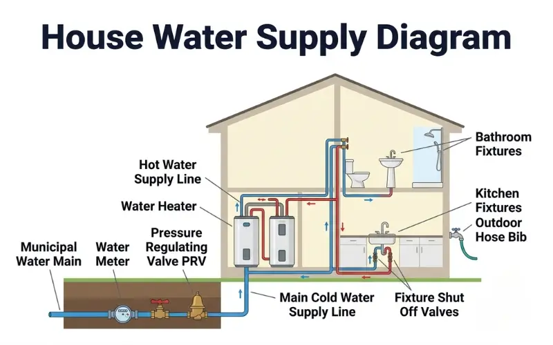 house water supply diagram showing  municipal water main water meter shut off valve pressure regulating valve water heater cold and hot water supply lines to bathroom and kitchen fixtures