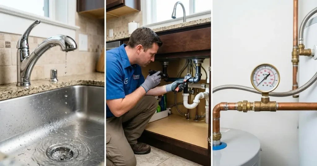 professional plumber inspecting pipes beneath kitchen sink diagnosing common plumbing problems in American home