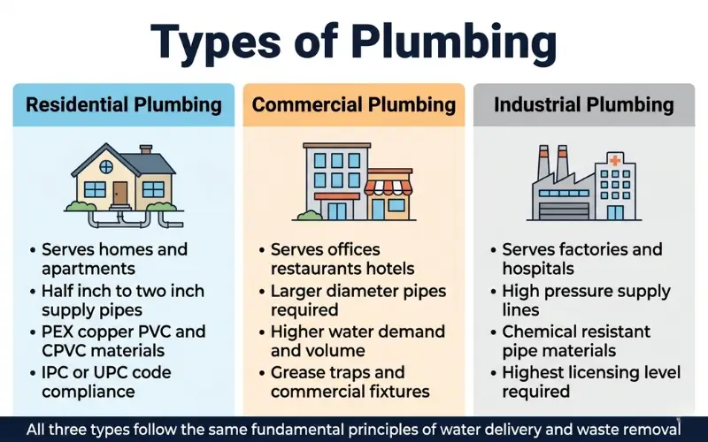 three types of plumbing residential commercial and industrial comparison infogrphic