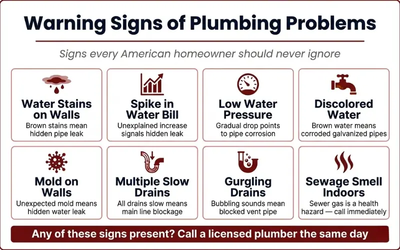 warning signs of plumbing problems water stains low pressure discolored water mold slow drains sewage smell infographic for homeowners 
