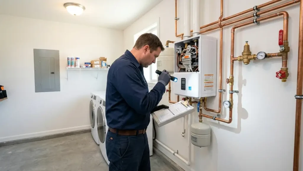licensed plumber inspecting home plumbing system pipes valves and water heater in utility room