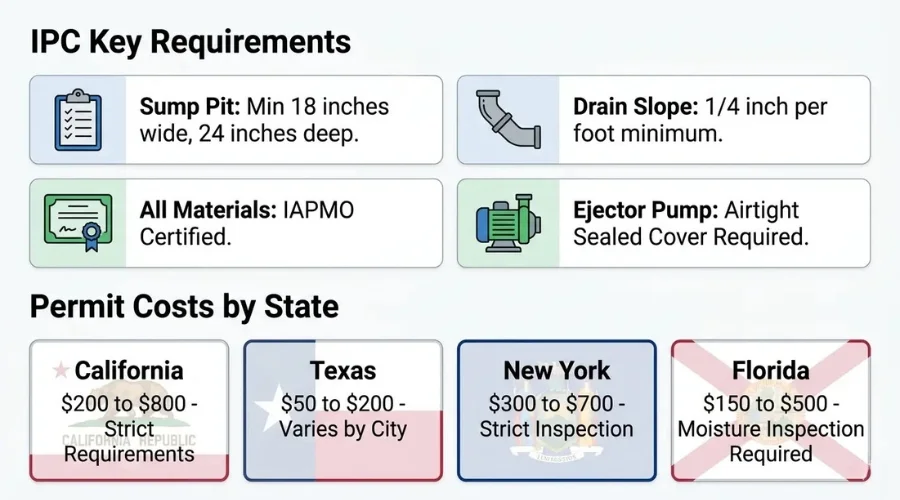 Basement bathroom plumbing code requirements and permit checklist by state
