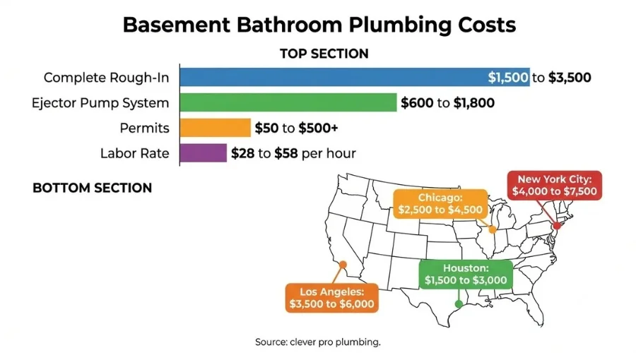 Basement bathroom plumbing cost breakdown showing national averages and regional variations