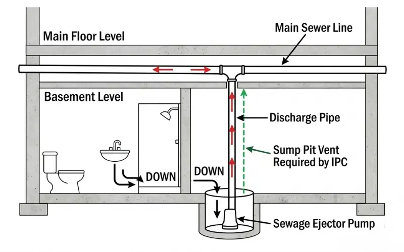 Basement bathroom plumbing diagram with ejector pump and sump pit location