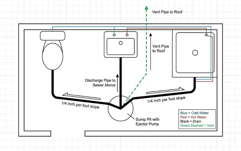Basement bathroom plumbing layout diagram showing fixture positions and pipe routing