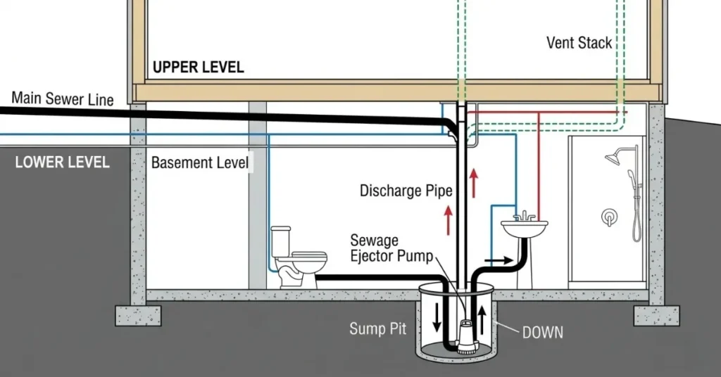 Basement bathroom plumbing system diagram showing ejector pump sump pit and drain lines