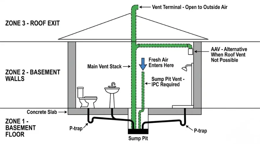 Basement bathroom plumbing vent diagram showing vent stack wet venting and AAV placement
