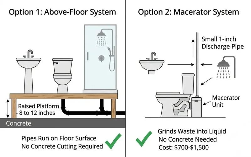 Basement bathroom plumbing without breaking concrete showing above floor system and macerator toilet