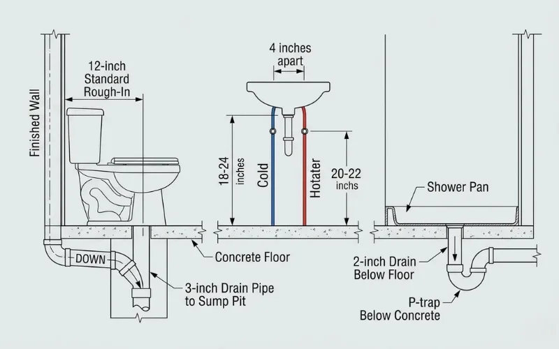 Basement bathroom rough in plumbing measurements showing toilet sink and shower dimensions