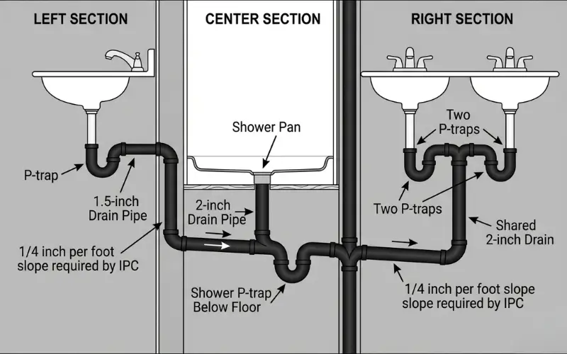 Bathroom drain plumbing diagram with pipe sizes and P-trap locations labeled