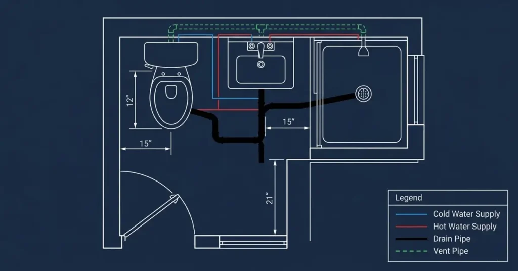 Bathroom plumbing diagram showing fixtures drains and supply lines with measurements