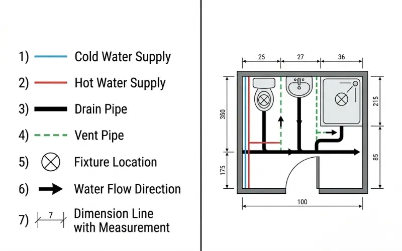 Bathroom plumbing diagram symbols legend showing color codes for pipes