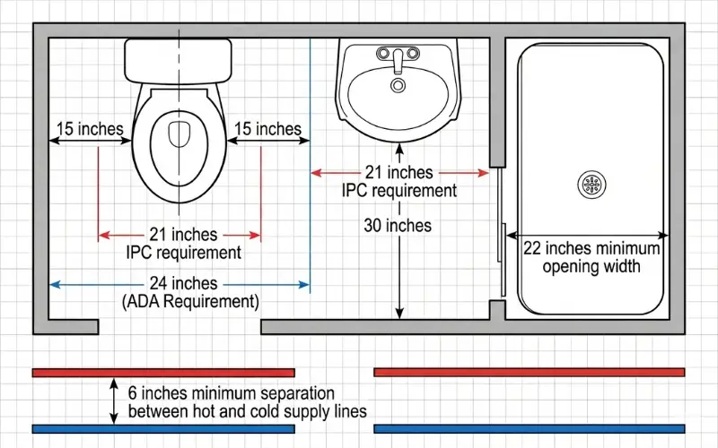 Bathroom plumbing diagram with measurements showing clearance dimensions and spacing
