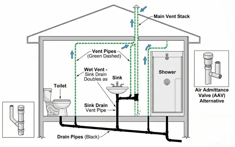Bathroom vent plumbing diagram showing wet venting configuration and AAV placement