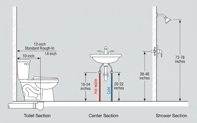 Bathroom plumbing rough in diagram showing 12 inch toilet measurement and sink heights