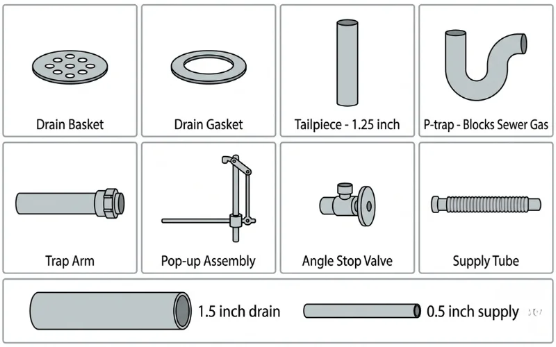 Bathroom sink drain plumbing parts labeled diagram showing all components