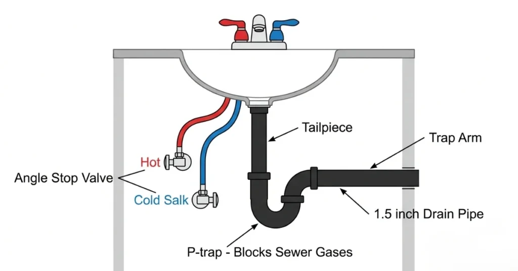 Bathroom sink plumbing diagram showing drain parts supply lines and P-trap