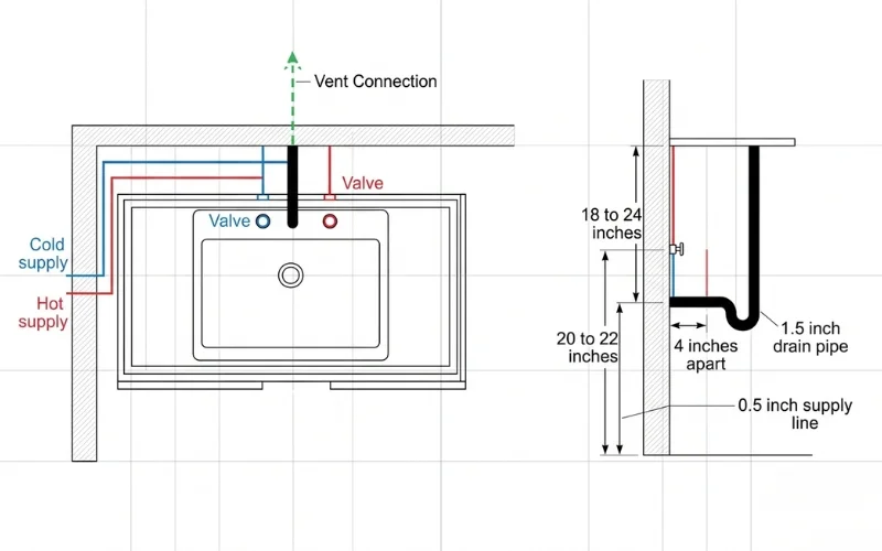Bathroom sink plumbing layout diagram with measurements and color coded pipes