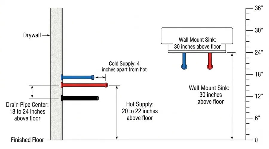 Bathroom sink plumbing rough in measurements showing standard heights above floor