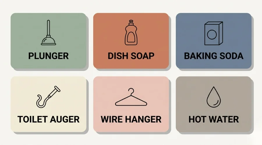 Comparison of toilet unclogging methods by time, difficulty, and tools needed