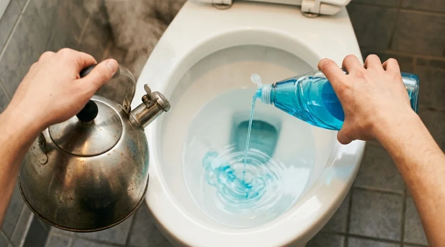 Dish soap and hot water method to unclog a toilet without a plunger