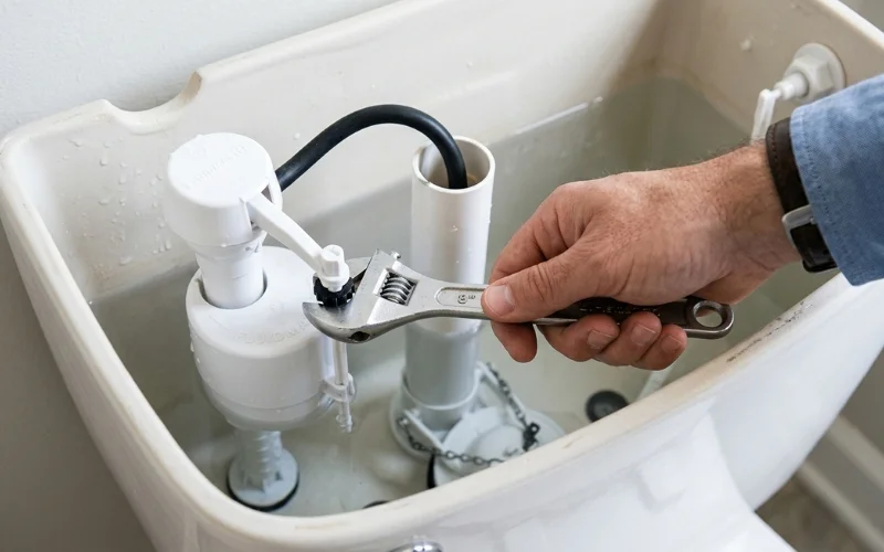 Hand adjusting toilet fill valve to stop running water