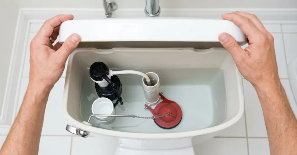 Homeowner lifting toilet tank lid to fix running toilet with visible flapper and fill valve